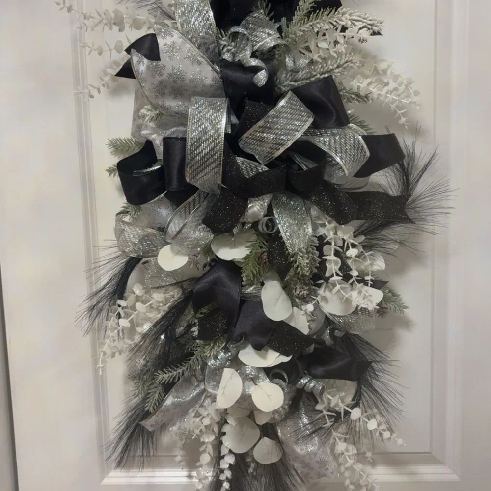 Elegant Black and Silver Holiday Door Swag - Picture 6 of 6